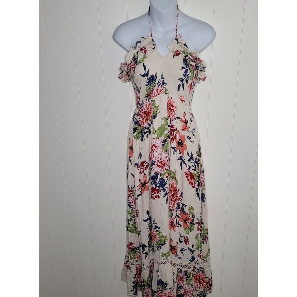 Womens Dress Small Maxi Ruffled Tie Neck Floral Boho Fairy Summer Hippie Cottage